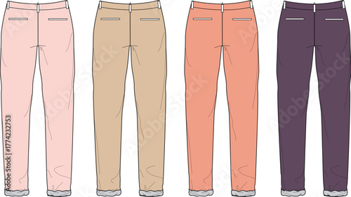 Vector illustration set of women's chino style trousers in pastel and earth tones. Fashion apparel flat sketch for clothing design