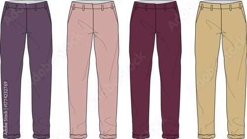 Collection of four fashionable trousers in different colors purple, pink, maroon, and beige