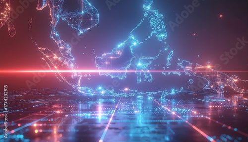 Digital Globe Neon Network Connections Over Southeast Asia with Technological Infrastructure