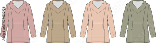 Fashion flat illustration featuring a collection of four stylish women's long-sleeve hooded tunic tops in diverse pastel shades, ideal for casual wear and garment design