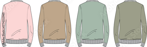Back view of four bomber jackets in pink, beige, green and olive colors