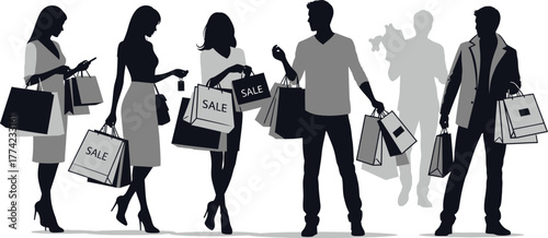 Silhouette of people shopping with bags, isolated on white background enjoying retail therapy and finding the perfect purchase
