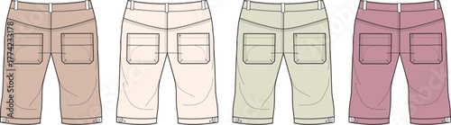 Vector illustration set of women's casual capri pants in multiple color options. Back view technical flat sketch of female shorts for apparel design and fashion templates