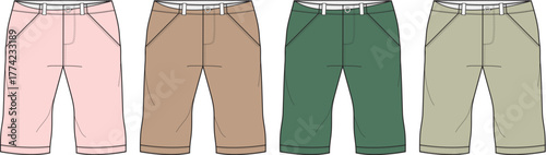 Four Pairs of Children's Trousers in Various Colors Pink, Brown, and Green, Flat Vector Illustration