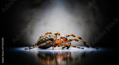 Upside Down House Spider on Reflective Surface