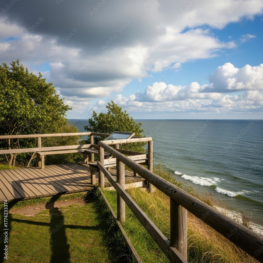 Fototapeta premium Picturesque coastal vista from wooden viewing platform at Baltic sea