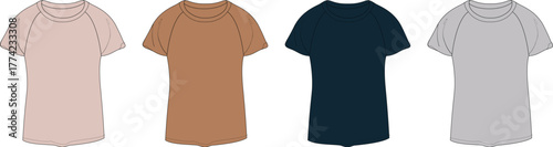 A casual fashion concept displayed through a set of four vector raglan t-shirts in pink, brown, blue, and grey, ideal for apparel design