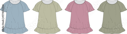 Collection of women's short-sleeve tunic dress fashion flat sketches, featuring a relaxed fit and elasticized hem design presented in various color options for apparel development