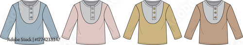 Four baby long-sleeved shirts with round collars in different pastel colors