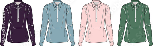 Collection of Four Elegant Long-Sleeve Women's Shirts in Various Colors with Zipped Necklines