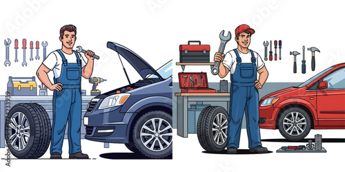 Vector image of a mechanic in work clothes and a wrench in his hand, smiling next to a car tire