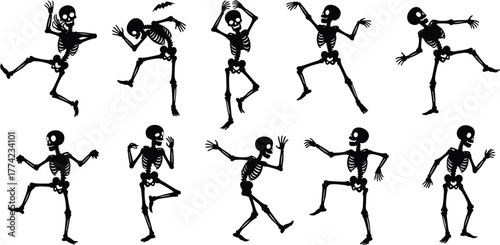 Dancing skeletons silhouettes, spooky halloween characters, funny skeleton dance poses, horror theme art, creepy festive decoration, halloween vector illustration design