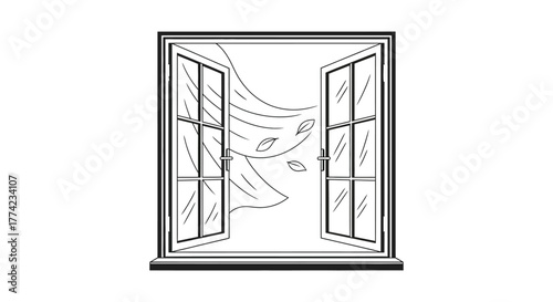 Open window with flowing curtains and gentle breeze silhouette