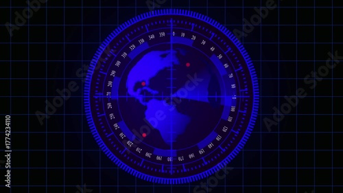 Futuristic Radar Screen Displaying Earth With Red Target Markers globe planet. Close-up of futuristic radar showing globe and illuminated red target markers for tracking.