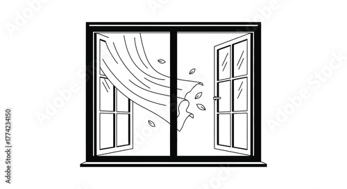 Open window with blowing curtains and leaves silhouette