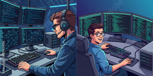 Vector image of a computer scientist sitting in front of several monitors displaying code