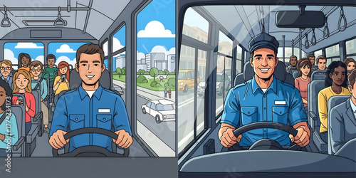 Vector image of a bus driver in uniform, holding the steering wheel of the bus