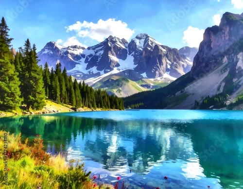 Scenic landscape featuring a mountain, lake, and lush greenery