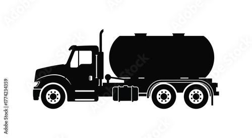 Black silhouette of a semi truck with a large cylindrical tanker trailer for transporting liquids or gases