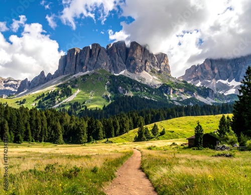 Scenic landscape featuring a mountain range, fields, trees, and path