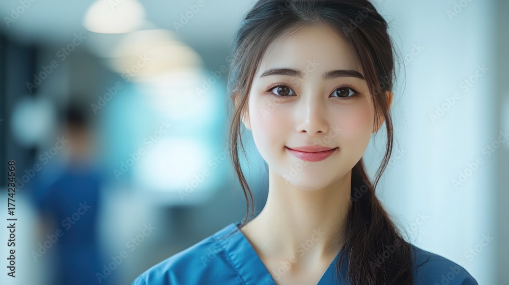 Naklejka premium Radiant Healthcare Professional: A close-up portrait of a friendly healthcare professional, their eyes exuding warmth, standing within the bustling ambiance of a modern healthcare facility. 