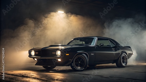 1970s American muscle car in matte black, smoky background, spotlight focused on car front