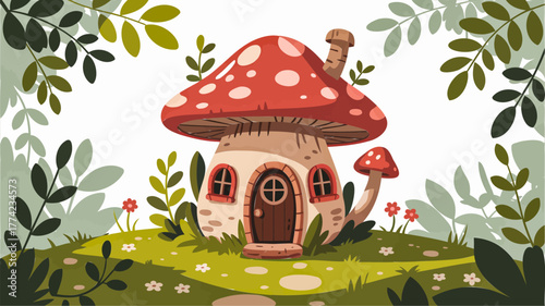 A whimsical cartoon mushroom house with a red-spotted roof nestled on a grassy hill surrounded by green foliage.