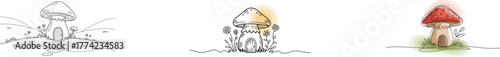 A whimsical illustration of a mushroom house with a red cap and a small door, set against a white background.