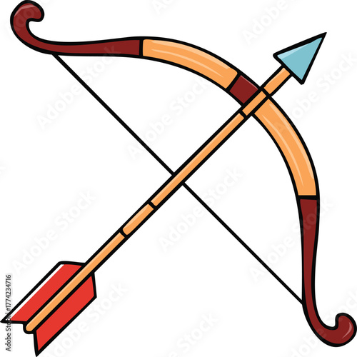 Illustration of a bow and arrow, with a red-fletched arrow crossing the bow, ready to be shot.