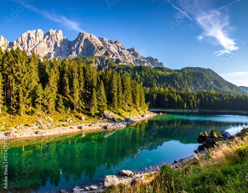 Scenic landscape featuring a pristine lake reflecting mountain peaks
