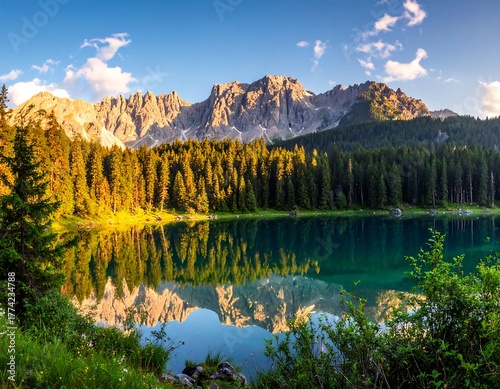 Scenic landscape featuring a pristine lake reflecting mountains and forest