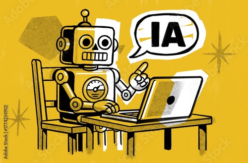 Robot impulsado por IA Ilustración estilo vintage gouache y halftones