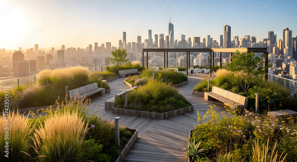 Fototapeta premium A tranquil rooftop park showcases sustainable green roof urban design against a stunning city skyline at golden hour
