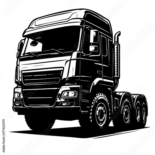 modern tractor head 8x4 truck viewed from low angle, strong shading