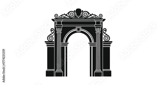 Ornate classical archway with decorative architectural elements in a striking black silhouette