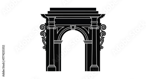 Classic architectural archway with ornate details in a striking black silhouette