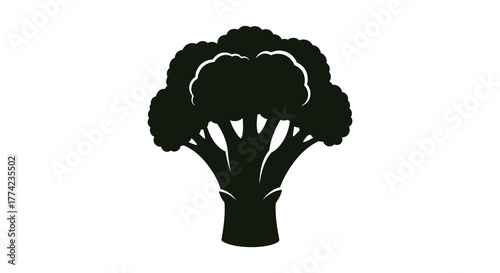 A simple black silhouette of a fresh broccoli floret on a white background