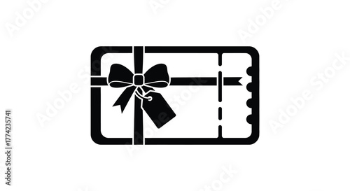 Stylized black and white silhouette of a gift card with a ribbon and bow representing a present or voucher