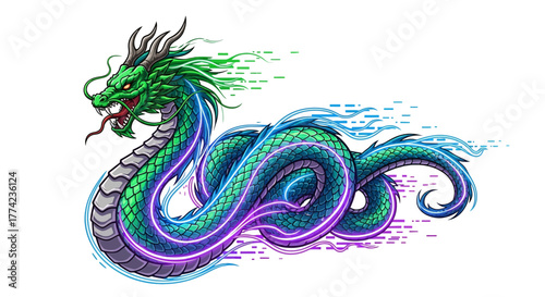 Majestic green dragon coils with vibrant neon energy, a mythical beast for fantasy artwork or powerful branding, perfect for games and inspiring tales