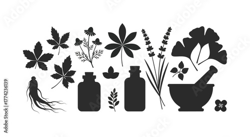 Collection of herbal medicine ingredients and tools in a striking black silhouette style