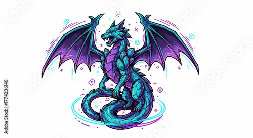 Majestic crystal dragon with striking purple and teal wings, exuding power and fantasy allure for mythical creature enthusiasts