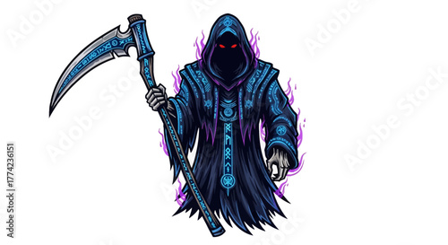 Mysterious grim reaper wielding a glowing scythe, shrouded in dark robes with arcane symbols radiating eerie purple energy