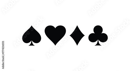 Four classic playing card suits spades hearts diamonds clubs silhouette isolated on white background