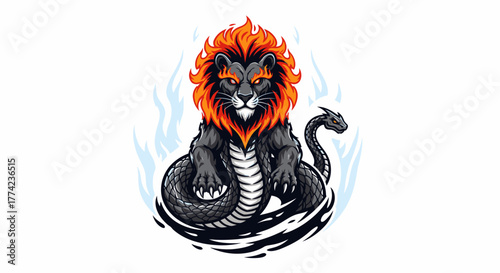Majestic fiery lion creature with serpentine body embodies power, strength, and mythical mystique for dynamic designs