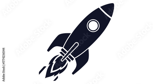 A dark silhouette of a retro style rocket ship blasting off with flames coming from its engines representing space exploration and adventure silhouette