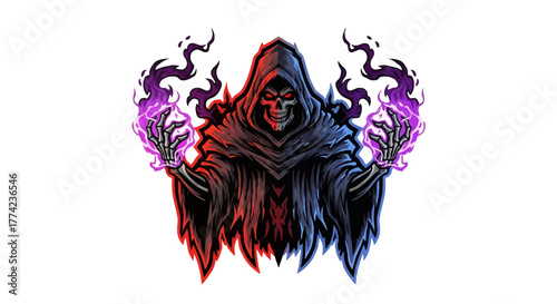 Fearsome Grim Reaper conjuring dark magic with glowing purple energy, an ominous figure casting a menacing shadow for your spooky designs.