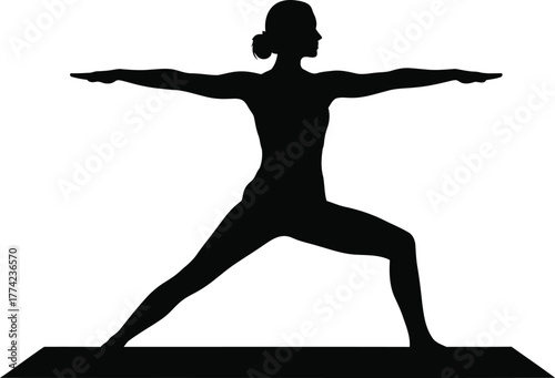 Silhouette of a woman in warrior two yoga pose on a mat, isolated on white background finding balance and strength through ancient practice