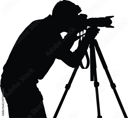 Silhouette of a photographer taking a picture with a camera on a tripod, isolated on white background capturing moments with precision and artistry