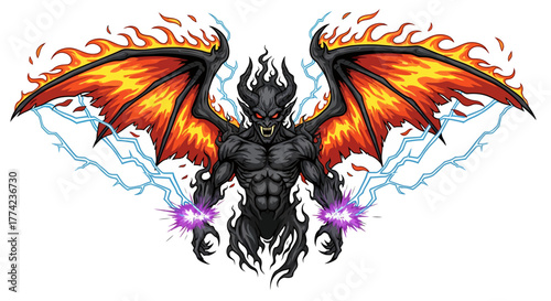 Terrifying demon unleashes fiery power with lightning strikes, embodying dark fantasy and ultimate evil in a striking graphic.