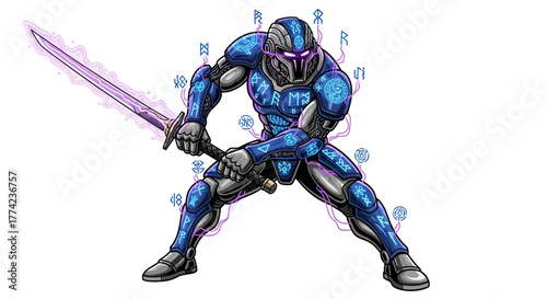 Mystical warrior in futuristic armor wielding a glowing purple sword, surrounded by ancient runes and ethereal energy, ready for epic battle.